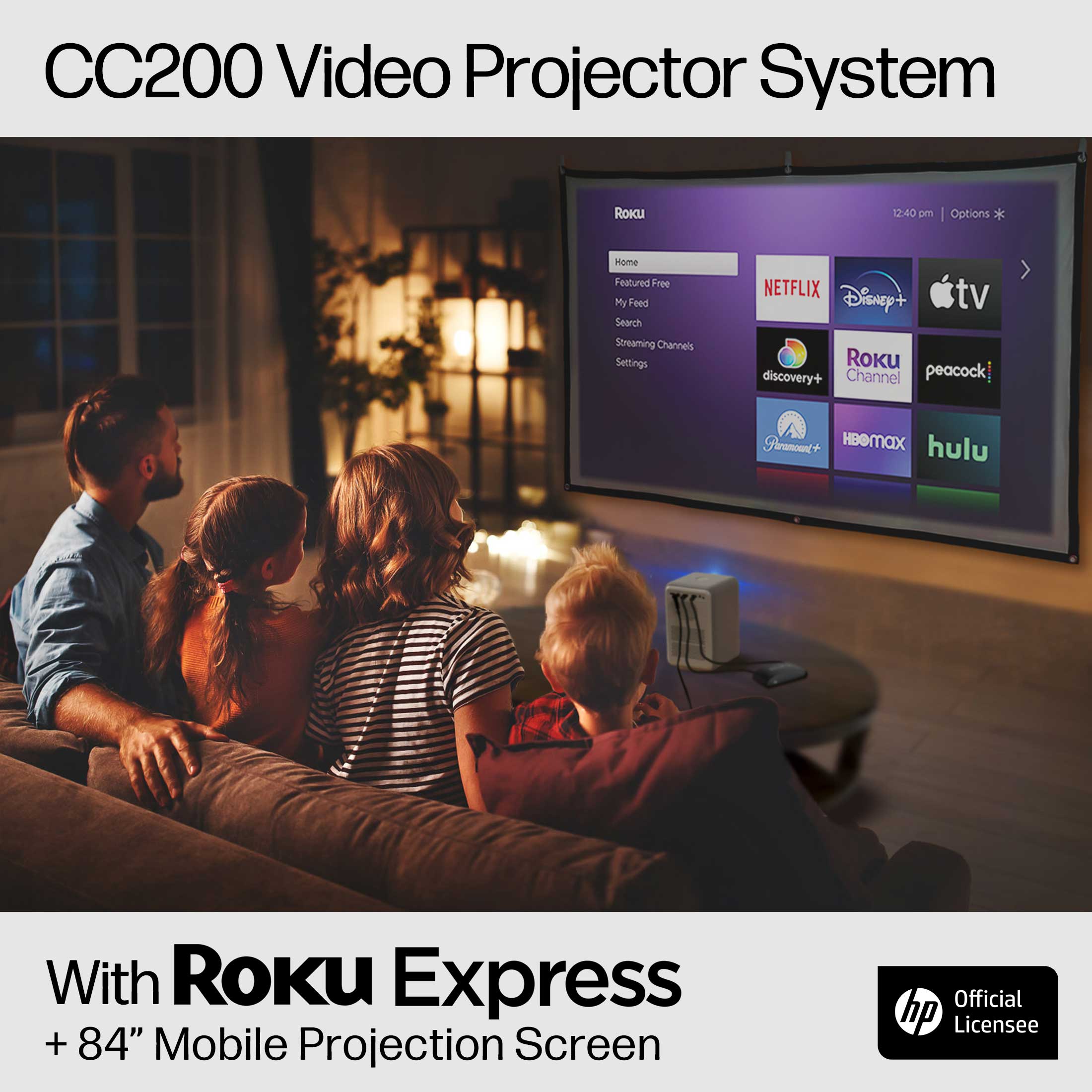 HP CC200 FHD LCD LED Projector with Roku Express Streaming Player and 84" Mobile Projection Screen - image 3 of 16