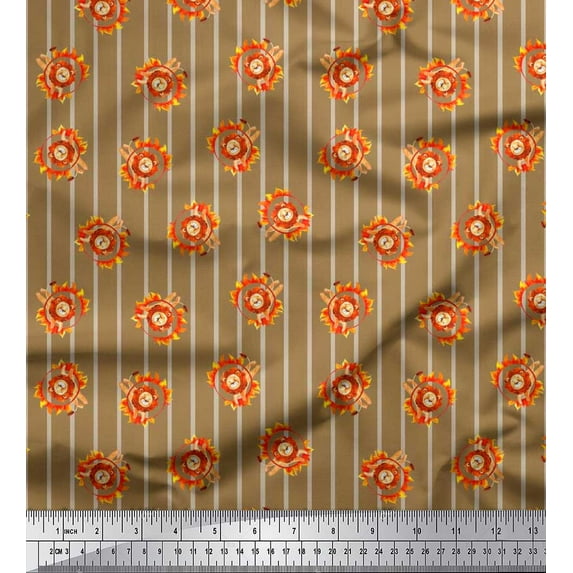 Soimoi Brown Georgette Viscose Fabric Stripe,Fire Ring & Lion Cartoon Printed Fabric 1 Yard 42 Inch Wide