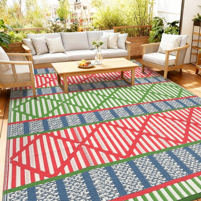 Hasoo 9' x 12' Red/Green Outdoor Rug Plastic Straw Rug Geometric Waterproof PP Tube Woven Picnic Mat for Patio Decor Porch Balcony Picnic Rug