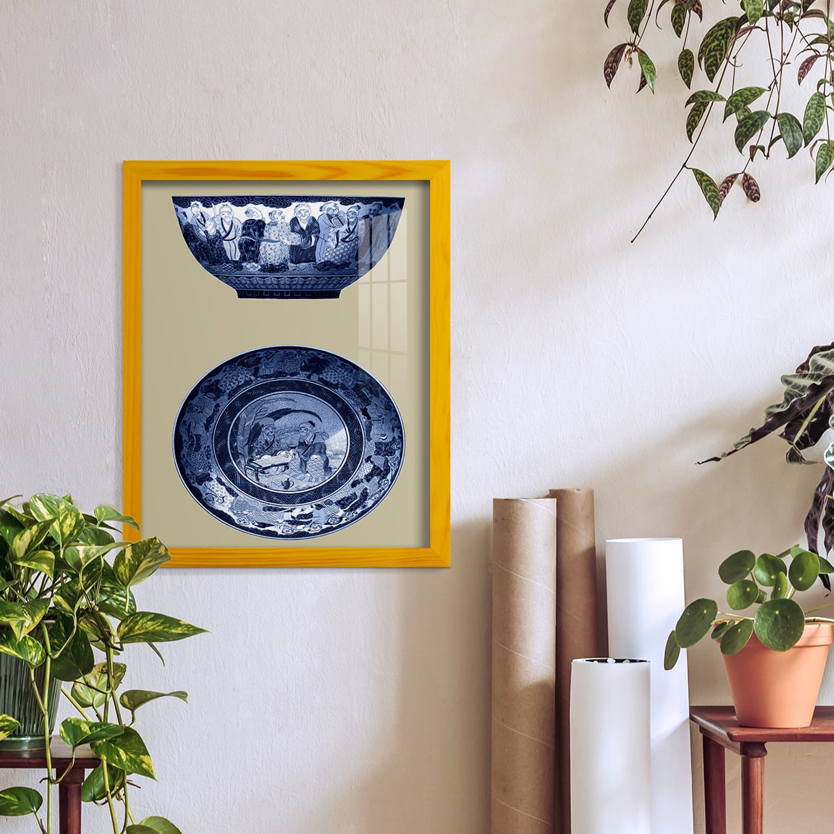 Porcelain in Blue and White II -Framed Print w/glass-Sunflower Yellow