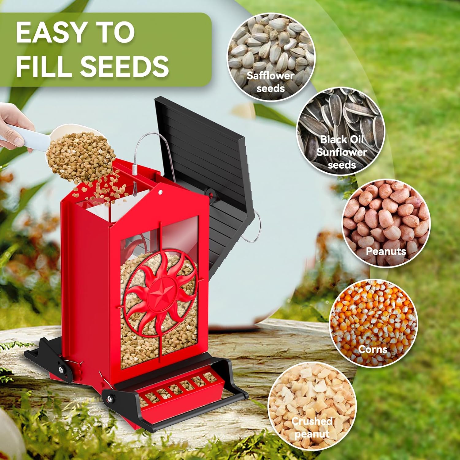 Squirrel Proof Bird Feeder for Outdoors Hanging, Metal Wild Bird Seed Feeder with Bilateral Weight-Activated Perches, 5LB Large Capacity Wild Bird Feeders for Outside Finch, Cardinal, Blue Jay