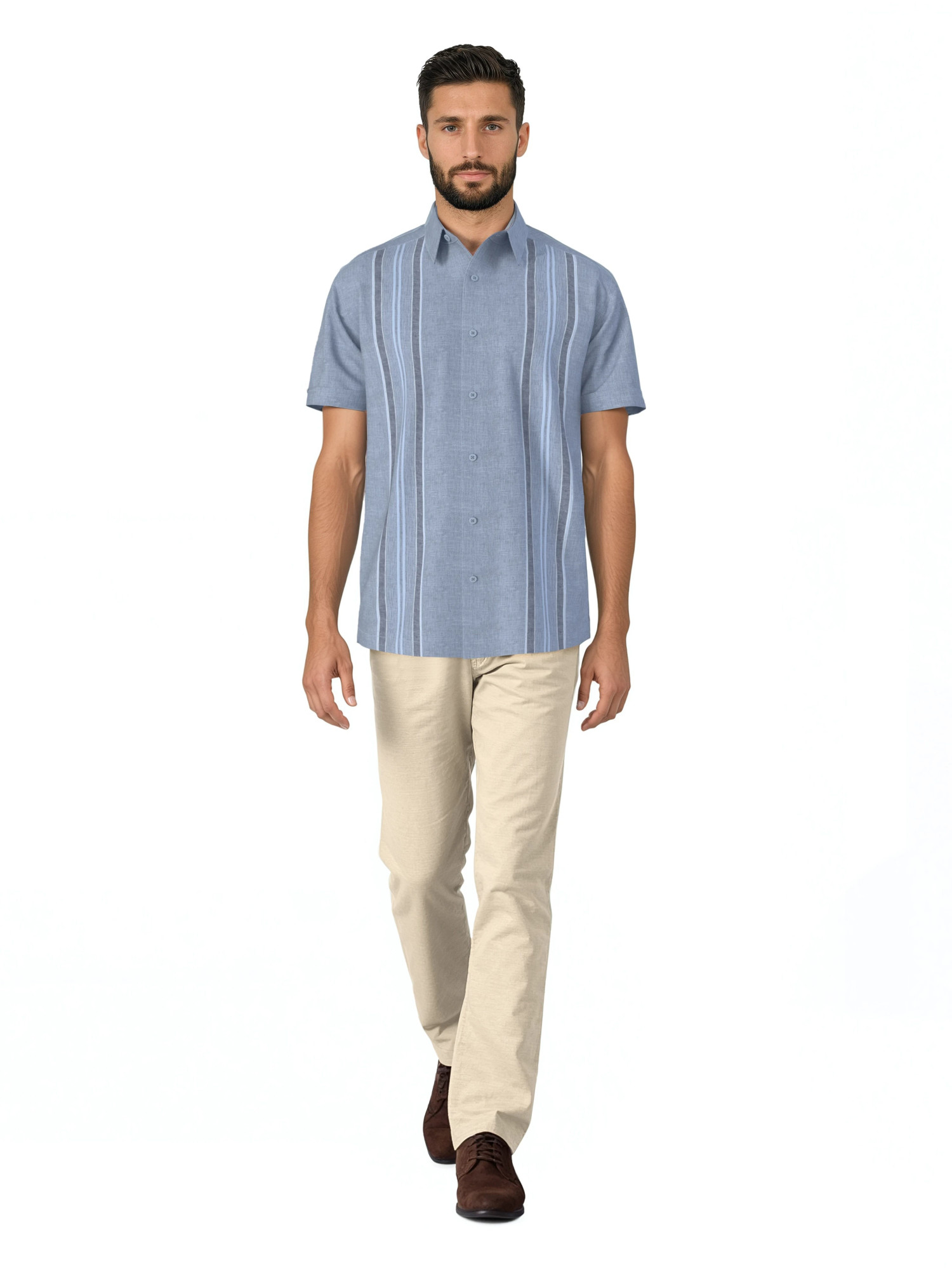 Havanera Men's and Big Men's Yarn Dyed Panels Short Sleeve Linen Cotton Button-Down Shirt, Sizes S-5XL