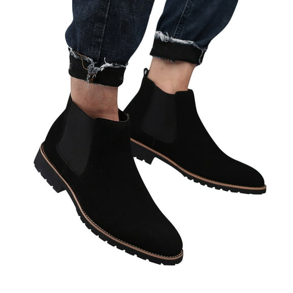 Lovskoo 2024 Men's Ankle Boots Round Toe Chunky Heel High Top British Style Work Black Versatile Leather Boots Black