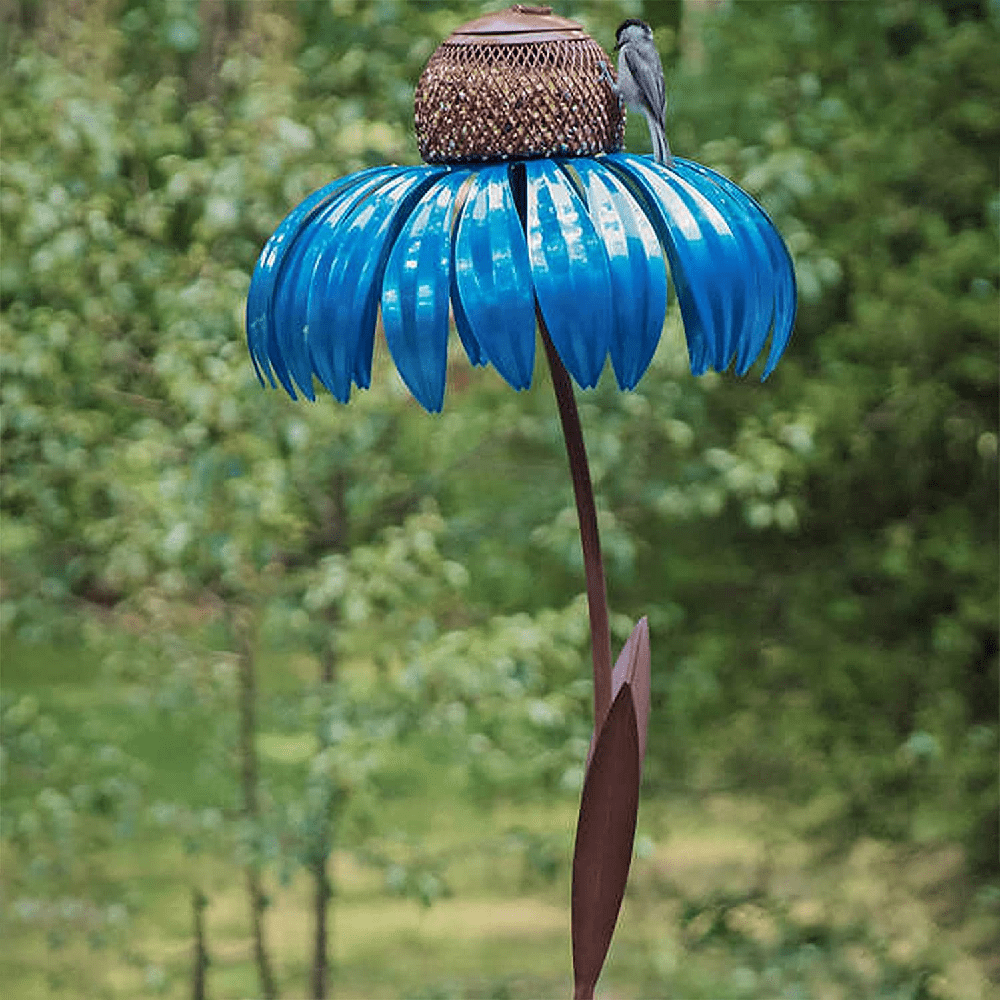 Red Standing Metal Bird Feeder with Detachable Flower Stake for Garden Art Decor 