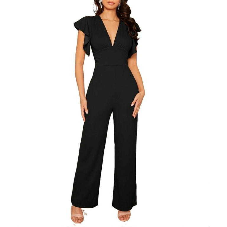 Deep V Pocket Plain Wide-Leg Jumpsuit Deep V Pocket Plain Wide-Leg Jumpsuit