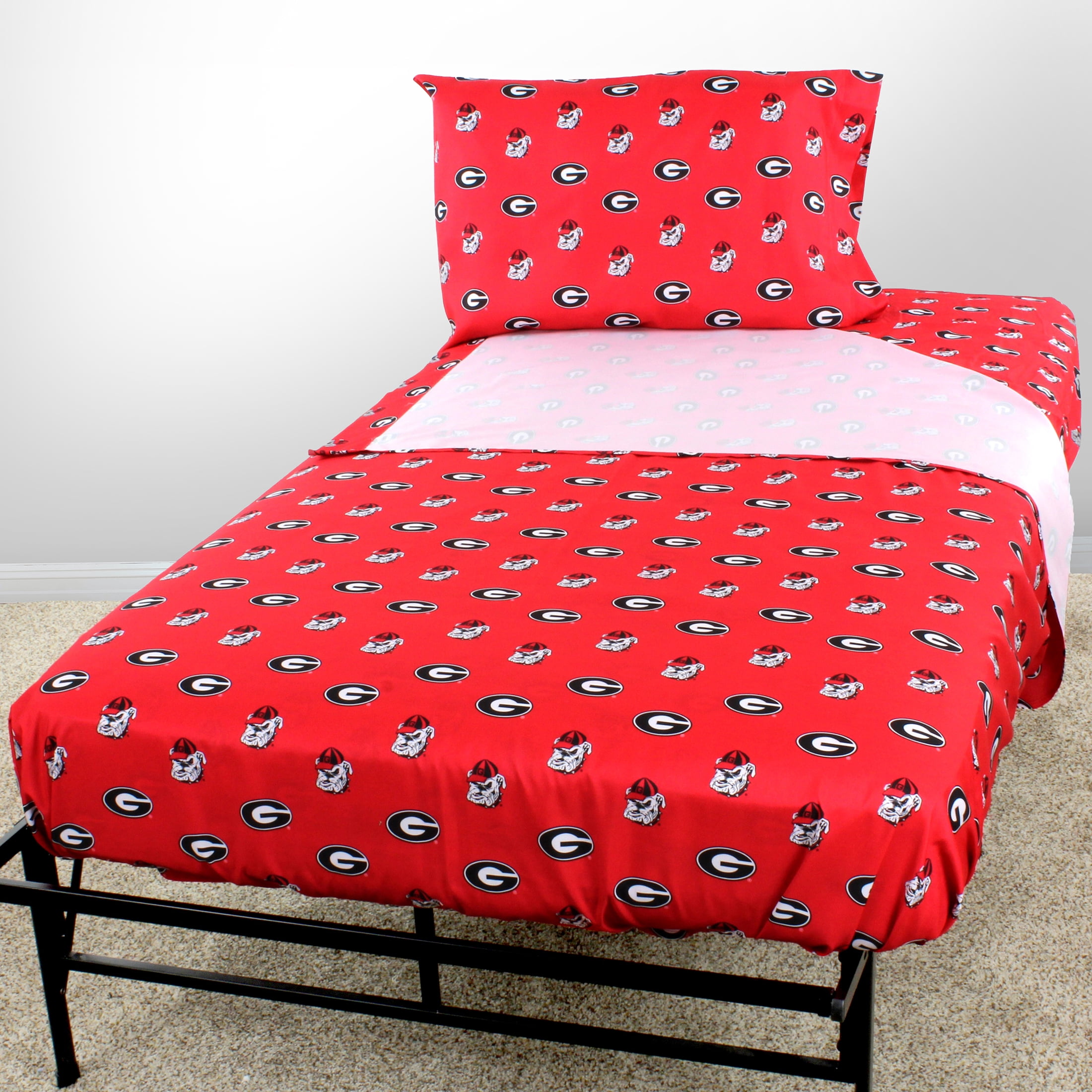 Georgia Bulldogs 100% cotton, 4 piece sheet set - flat sheet, fitted sheet, 2 pillow cases, Full, Team Colors