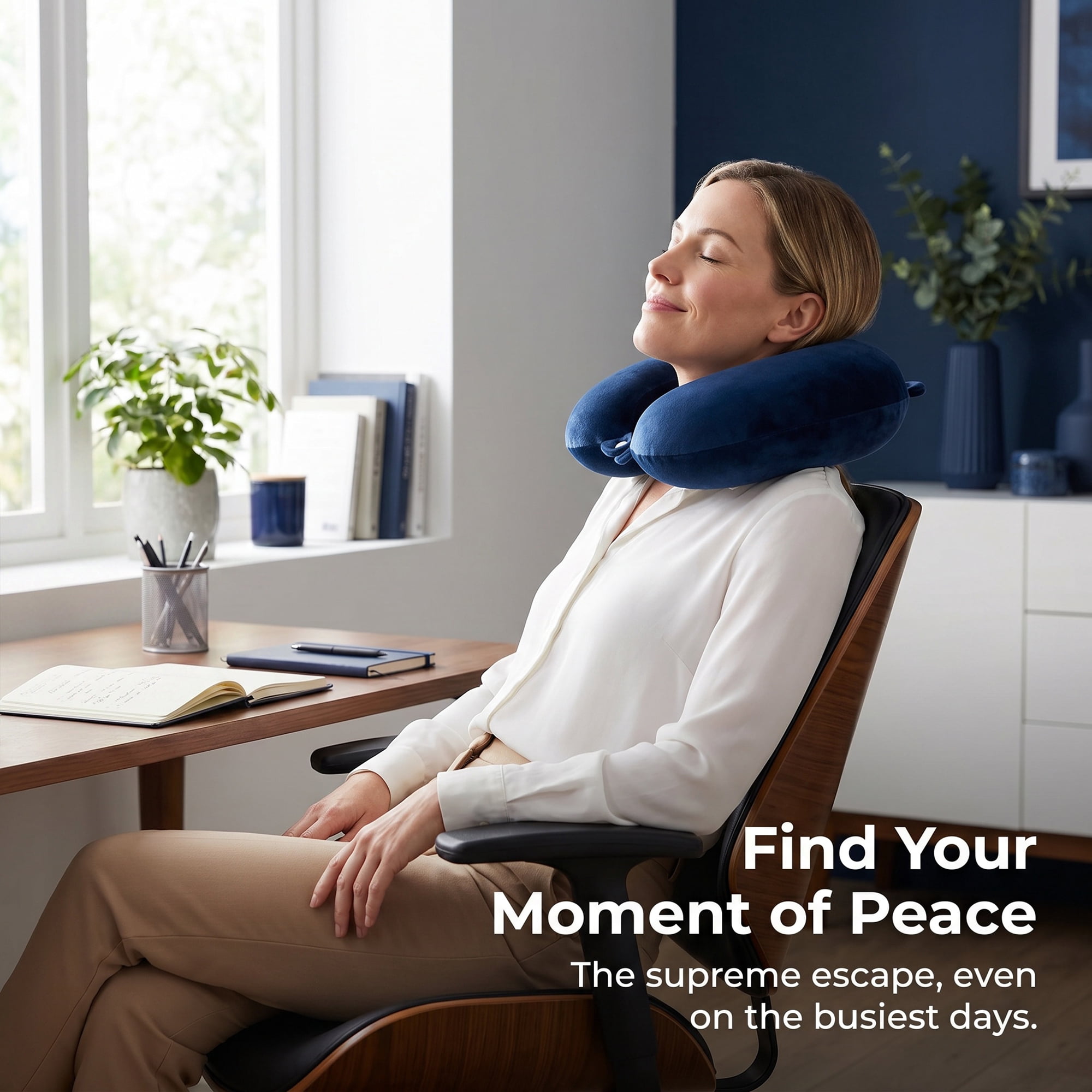 Unique Bargains Memory Foam Travel U Shape Neck Pillow Snap Closure Navy Blue 12"x12"x4"
