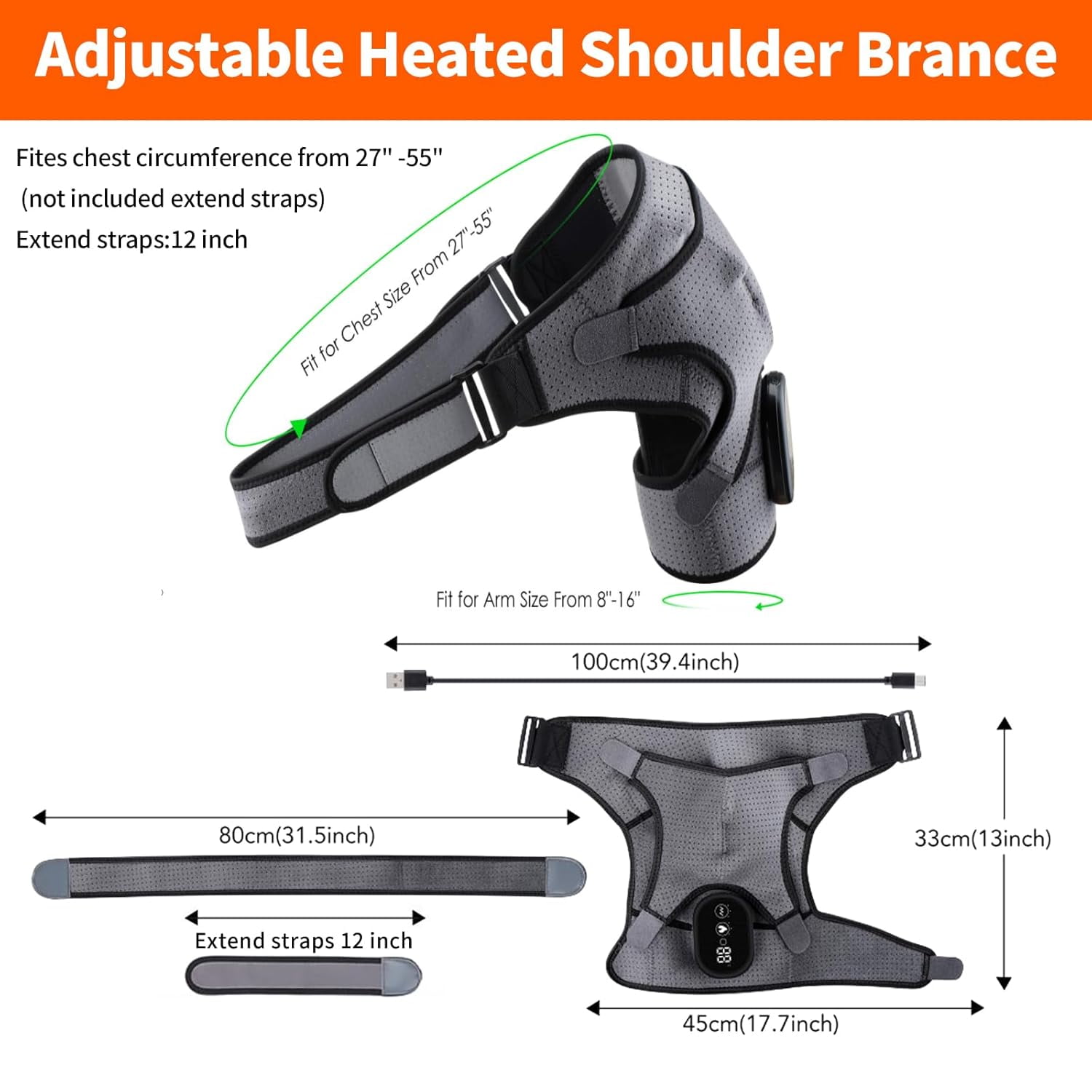 Wrongduck Cordless Heated Shoulder Brace Wrap with Massage, 3 Heat & Vibration Modes, 5000mAh Rechargeable Heating Pad Shoulder Massager for Men and Women