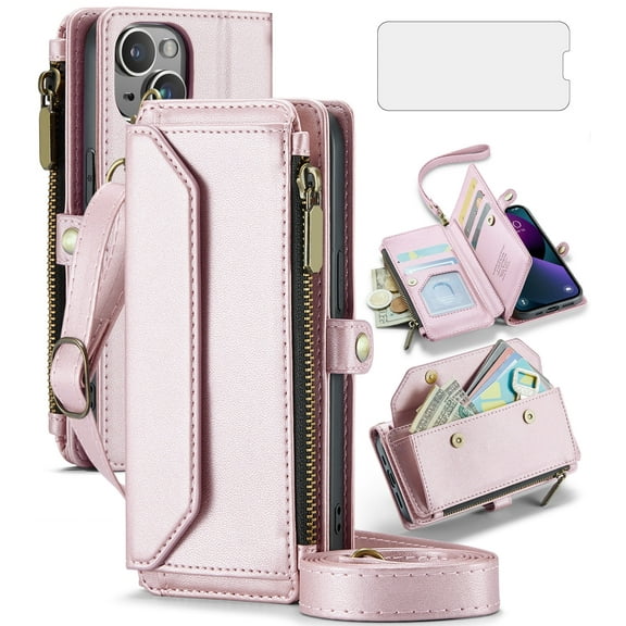 Compatible with iPhone 14 6.1 inch Zipper Wallet Phone Case Tempered Glass Screen Protector Crossbody Lanyard Strap Flip Card Holder Slot Cell Cover for iPhone14 5G i i-Phone 14Case Women Rose Gold