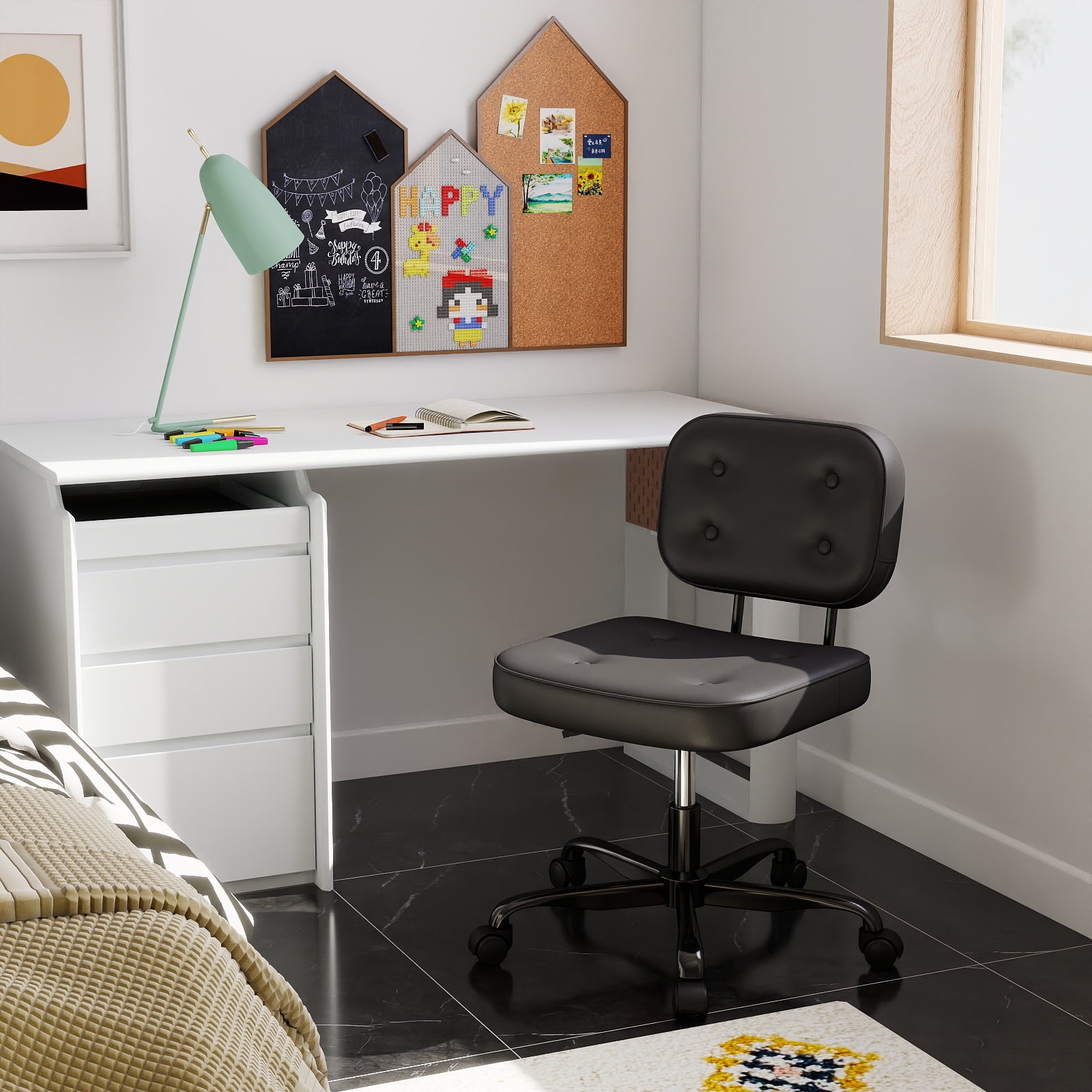 YERAIRR Armless Office Chair with Wide Seat,Home Computer Desk Chair Thickened Cushion PU Leather Swivel Upholstered Vanity Chair