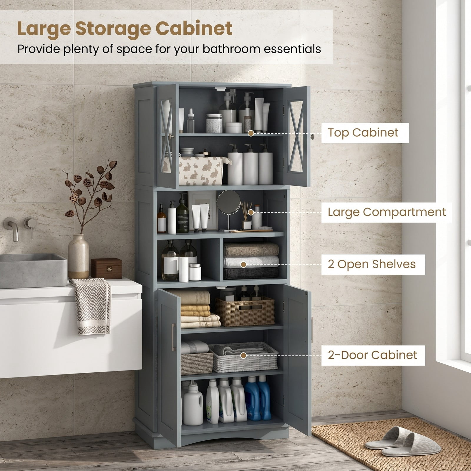 ALPULON Tall Bathroom Storage Cabinet, Freestanding Floor Linen Tower with Acrylic Doors, 3 Adjustable Shelves and 3 Open Cubes, MDF Organizer for Bathroom, Gray