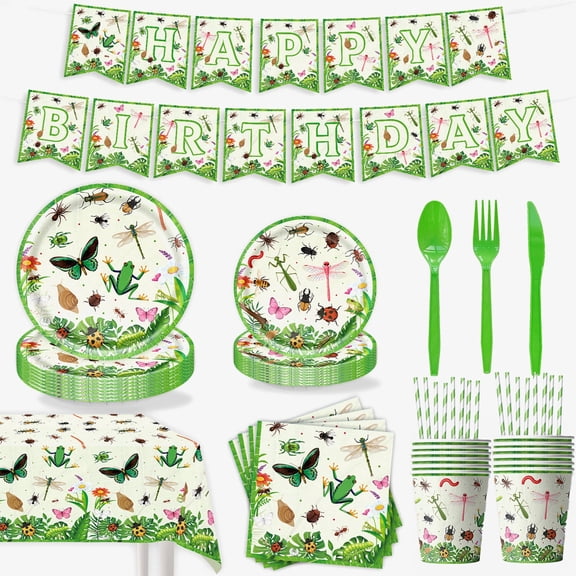162 Pcs Bug Birthday Party Decorations for Kids, Garden Nature Themed Insect Party Supplies for Birthday Baby Shower, Paper Plates, Cups, Napkins, Banner, Tablecloth, Cutlery, Serves 20 Guests