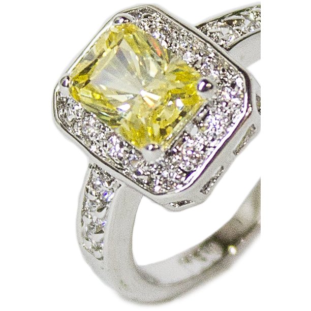 RS Covenant Women's Rhodium Plated Dress Ring Emerald Cut Canary CZ