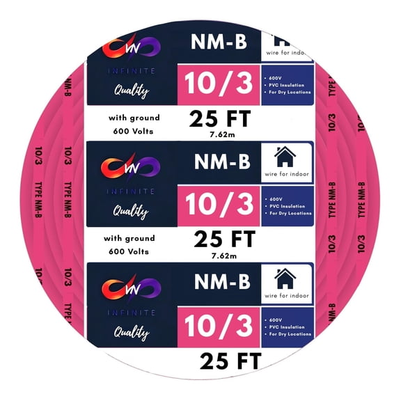 10/3 NM-B Copper Electrical Wire 10 Gauge, 3 Conductors with Groun Non-Mettalic, Sheathed Cable, Residential Indoor Pink 25 FT