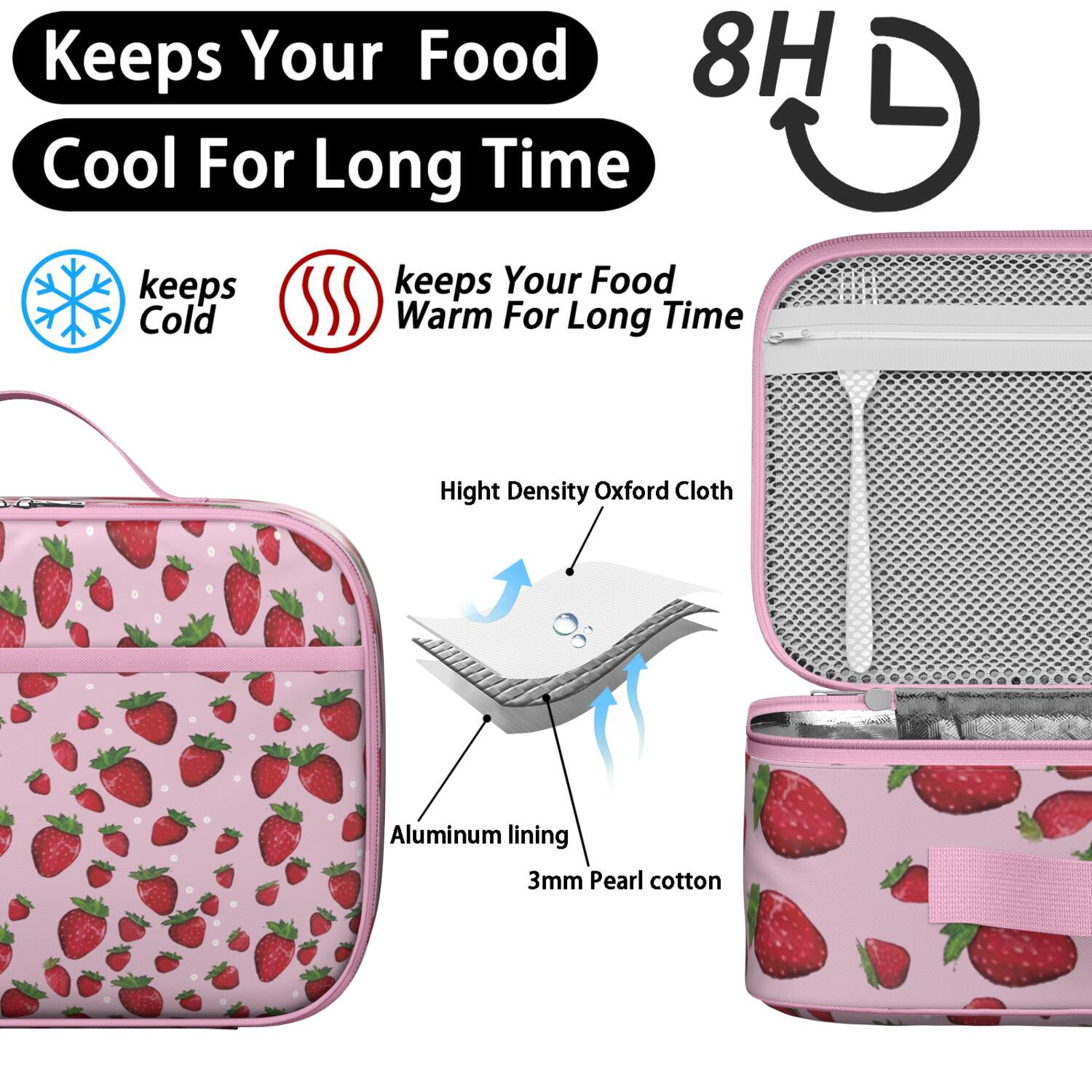 Lightweight Insulated Lunch Bag with Strawberry Strawberries Cute Red Sweet Kawaii Fruity Strawberry Lover I Love Strawberries Fruit Fresh Summer Red Berry Berry Berries Flowers Designs – Durable Lun