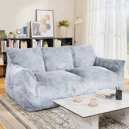 LinkRomat Faux Fur Loveseat, Oversized 2-Seater Sofa with High-Density Foam, for Living Room & Bedroom, No Assembly Required, Light Blue