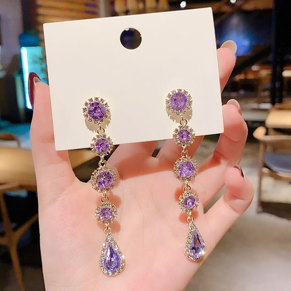 Eosunjian 1 Pair Women Earrings Long Sparkling Rhinestone Luxury Dangle Earrings for Prom Purple