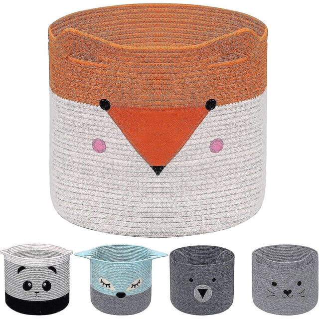 Cesta de lavandería plegable de cuerda de algodón para ropa, decoración de habitación. Cesta de lavandería con adorables animales, cesta de regalo para gato, perro (zorro naranja)
