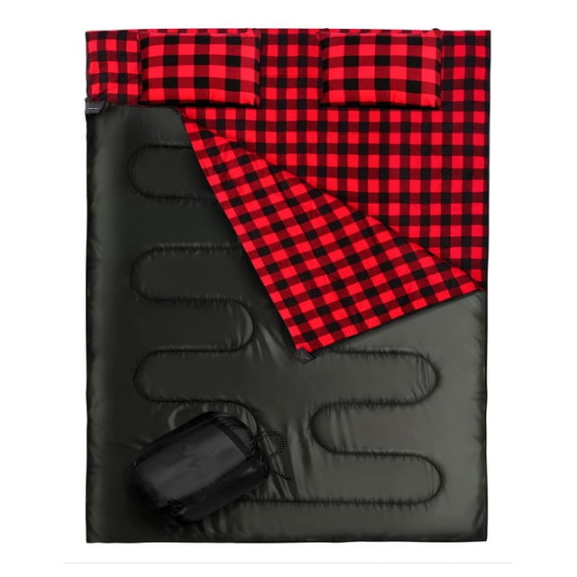 Double-Person Flannel Sleeping Bag, with an Enlarged Double-Person Size, Featuring Two Pillows, Suitable for Camping and Hiking, Water-Resistant and Lightweight, with a Compression Bag