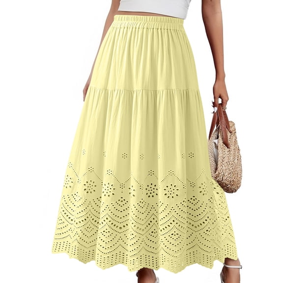 Gamivast Skirts for Women Linen High Waisted Eyelet Maxi Skirt Elastic Waist Tiered Boho Skirt Vacation Skirt Flowy Cutwork Embroidery Beach Resort Summer Wear Yellow Free Size