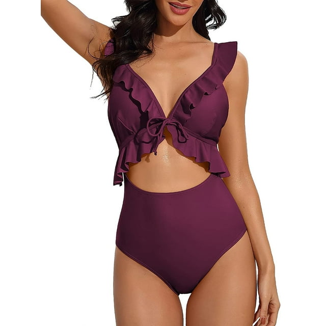 Charmo One Piece Bathing Suit for Women Ruffle Cut Out Swimsuits Strappy Monokinis