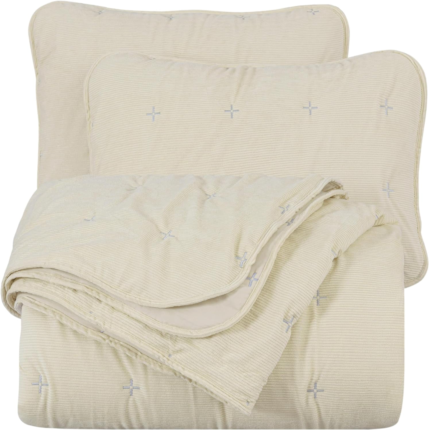 Chezmoi Collection Corduroy Queen Quilt Set Beige, 3-Piece Luxury Soft Cross Stitch Polyester Corduory Lightweight Bedspread, 1 Quilt 90 in x 94 in and 2 Pillow Shams 20 in x 26 in