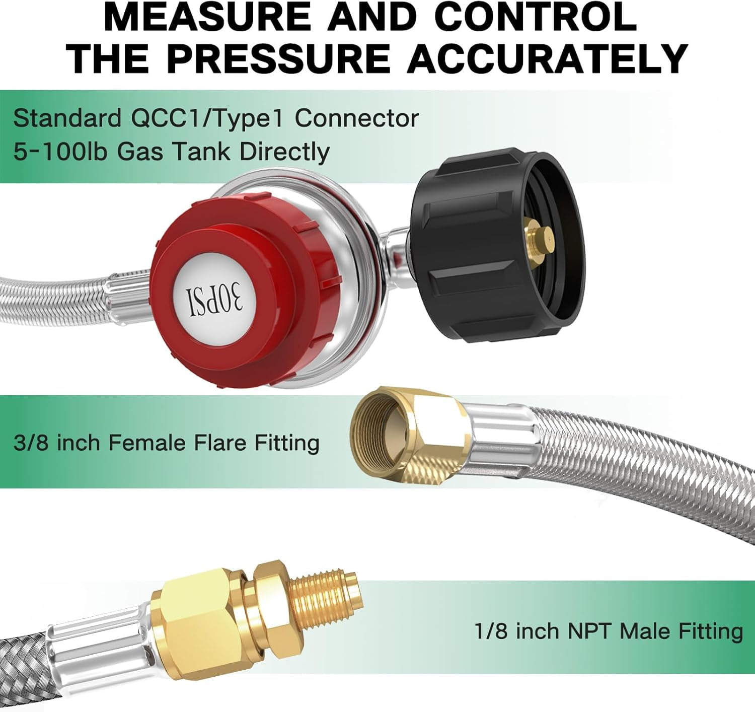 12 FT 0-30 PSI Adjustable High Pressure Propane Regulator, Stainless Propane QCC1 Hose with 3/8 Flare x 1/8 MNPT Fits for LP Gas Cooker, Burner, Turkey Fryer, Smoker