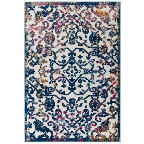 Ergode Reflect Primrose Ornate Floral Lattice 5x8 Indoor/Outdoor Area Rug - Ivory, Dark Blue, Multicolored
