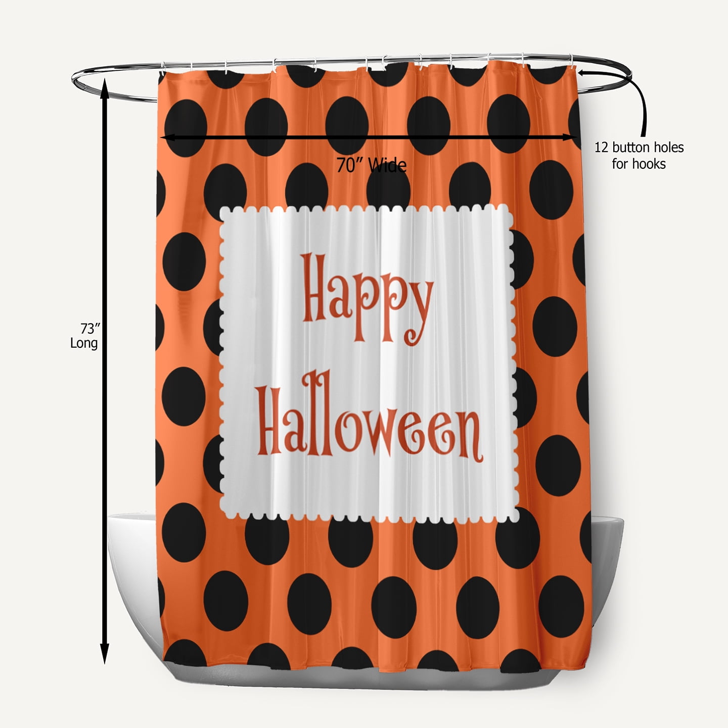 Simply Daisy 70" W x 73" L Halloween Happy Halloween Dots Polyester Shower Curtain, Traditional Orange [1 Ct]