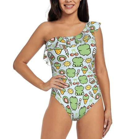 Uemuo Frog With Sweet Print Women s One Piece Swimsuit Asymmetrical Neck Bathing Suit One Shoulder Side Cutout Ruffle Swimwear-Medium