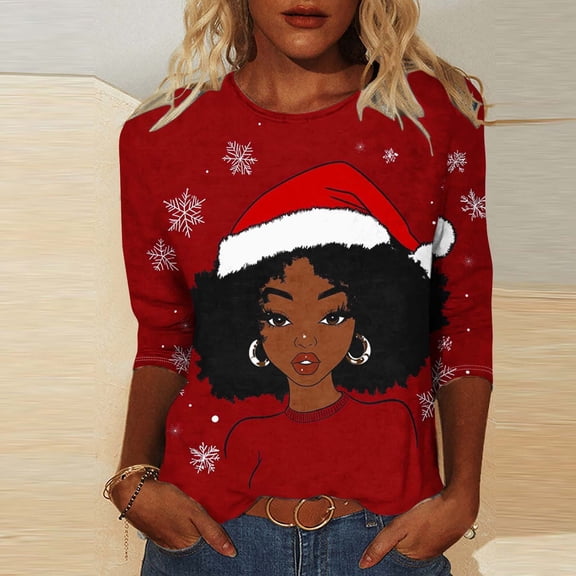 Hueook Christmas Shirts for Women Crew Neck Shirt Women's Fashion Tees Casual Crewneck 3/4 Sleeve Loose T Shirt Ladies Blouses Shirts Multicolor 2X