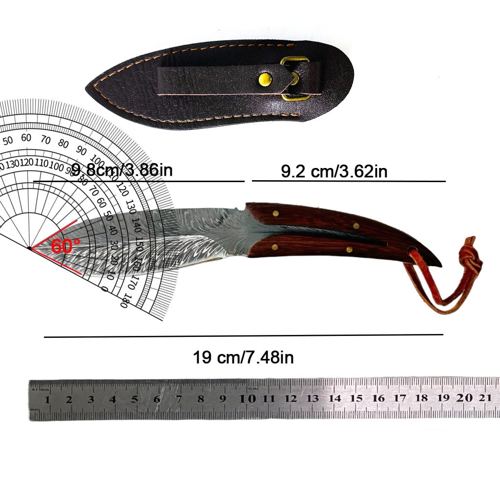 ATISEN Fixed Blade Hunting Knife with Leather Sheath, Damascus Pattern Steel, Outdoor Camping Survival Knife