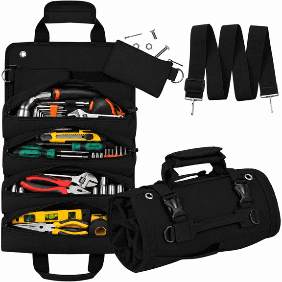 Tool Roll Up Bag, Heavy Duty Black Organizer with 2 Detachable Pouches & Shoulder Strap for Mechanics & Electrician