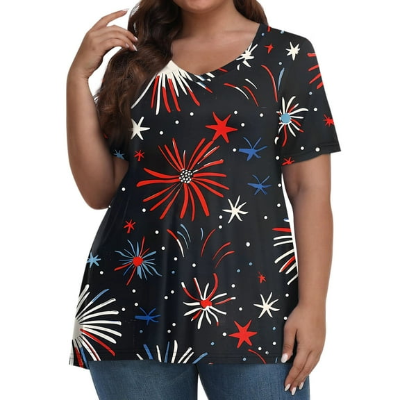 XADYUY 4th Of July Tunic Tops for Women Plus Size Firework Print Patriotic Shirt Sexy V Neck Short Sleeve T Shirt Holiday Independent Day Clothes for Women,Black 4XL