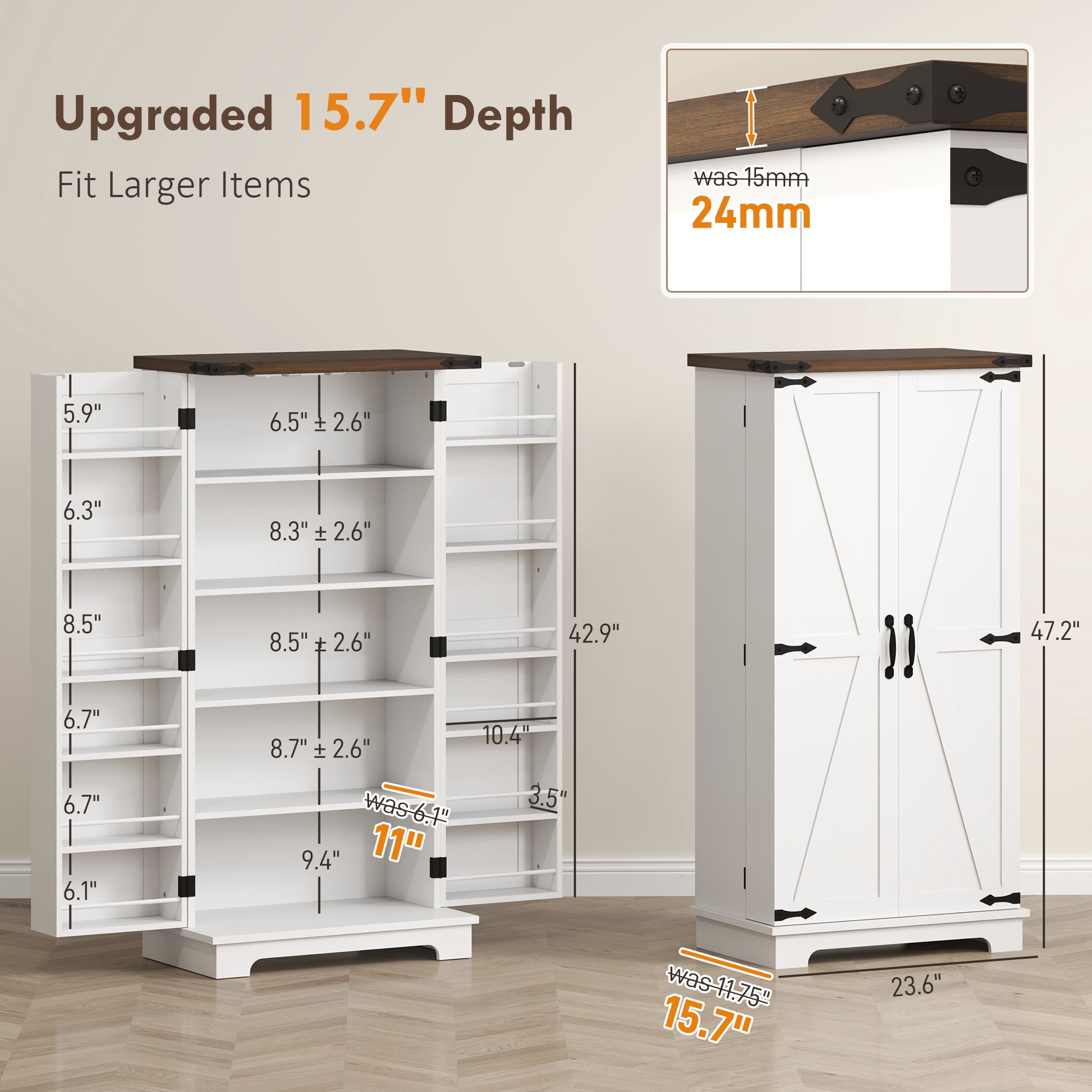 HOMCOM 47" Kitchen Pantry Cabinet with Sensing LED Light, Farmhouse Storage Cabinet with Doors, 2 Adjustable Shelves and 12 Door Shelves, White