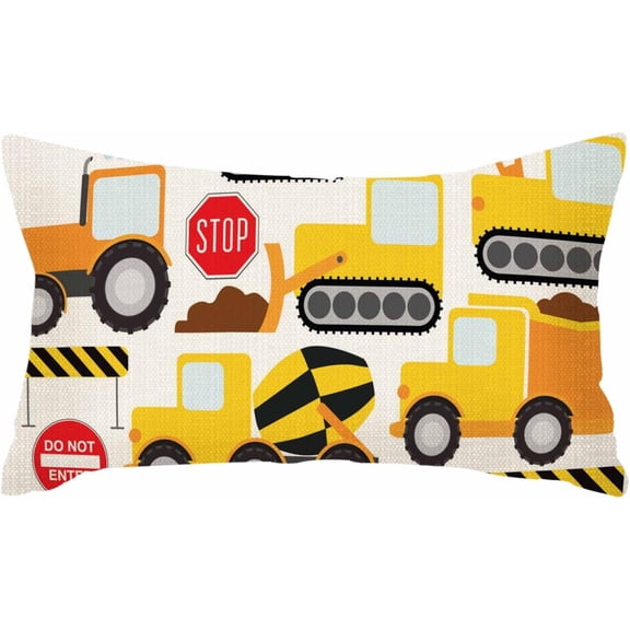 Throw Pillow Covers Cartoon Construction Crew Vehicles Truck Chevron Sign Equipment Cushion Pillow Case Home Decor Pillowcase 12x20 Inches