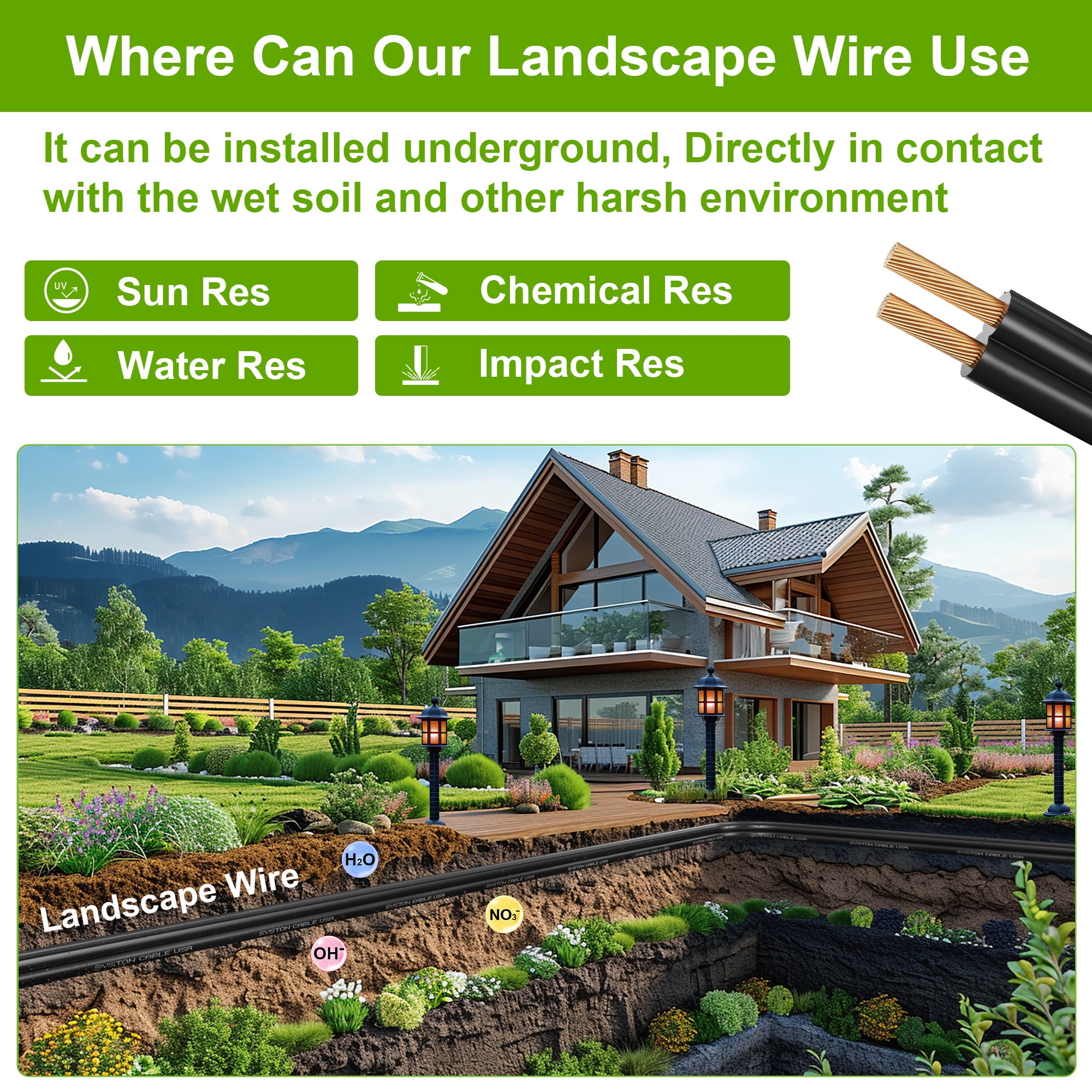 SYSTON 10/2 Low Voltage Landscape Lighting Direct Burial Stranded Wire Cable, 10 Gauge 2 Copper Conductors for Outdoor Spotlight Pathway Lighting and More Low Voltage Applications Use - 300 FT