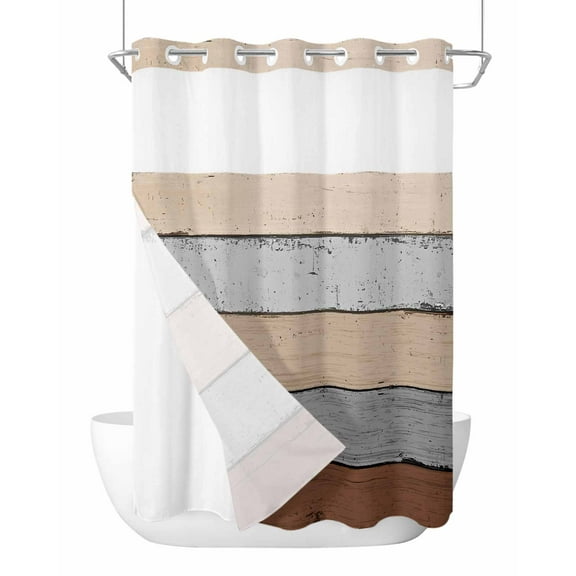 No Hook Cloth Fabric Shower Curtain with Snap in Liner, Brown Wooden Waterproof Shower Curtains Set with See Through Top Window, Grey Stripe Gradient Country Rustic Grain Bath Curtains Shower 48"x72"