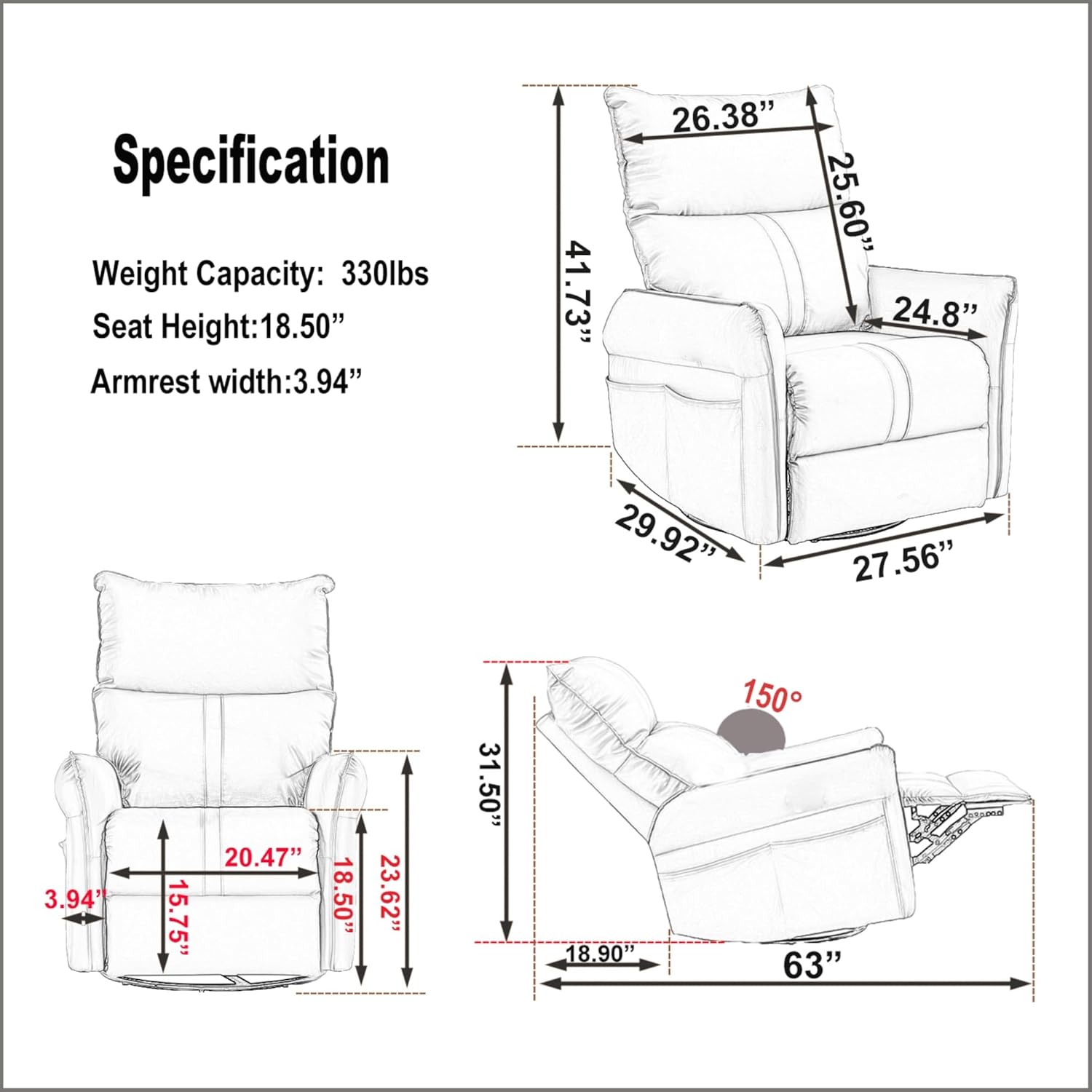 270° Power Swivel Rocker Recliner Chair, Electric Glider Reclining Sofa with USB Ports, Power Swivel Glider, Rocking Chair Nursery Recliners for Living Room