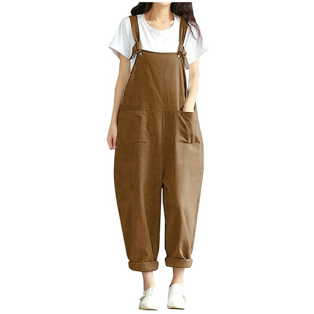 fartey Combinaison Short pour Femme Grande Taille en Coton et Lin Décontractée Sans Manches à Encolure Carrée Salopette Ample avec Poches Bretelle Ajustable Combinaison de Couleur Unie
