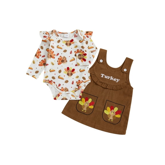 Miaouyo Baby Girls Skirt Set, Long Sleeve Turkey Print Romper with Embroidery Overall Dress Thanksgiving Clothes