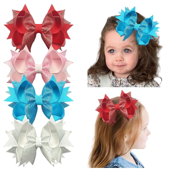JoyBowie 4pcs 4.5inch Glitter Hair Bows Bold Hair Accessories for Girls Suitable for Party Cheer Styling