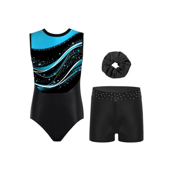 TSSOE Kids Girls Sleeveless Gymnastics Leotard Ballet Dance Unitard Jumpsuit with Shorts and Hair Hairband 3Pcs Set Light Blue 16