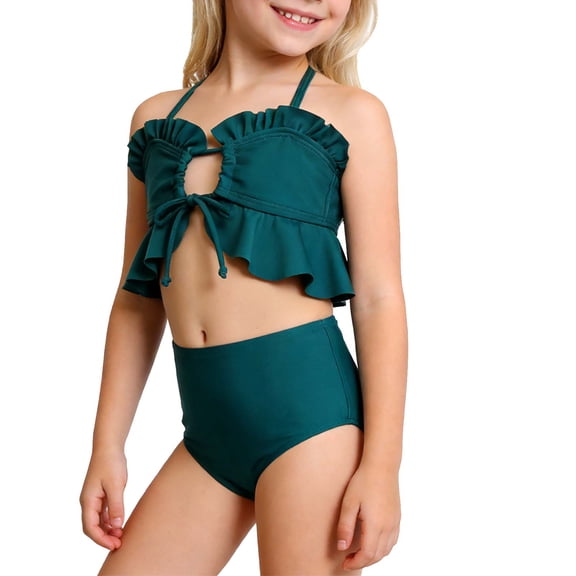 DAETIROS Girls Tankini Swimsuit Set 2 Piece Blue Ruffle & Lace Trim Cotton Lined Comfortable Swimwear for Kids,Size 9-10T