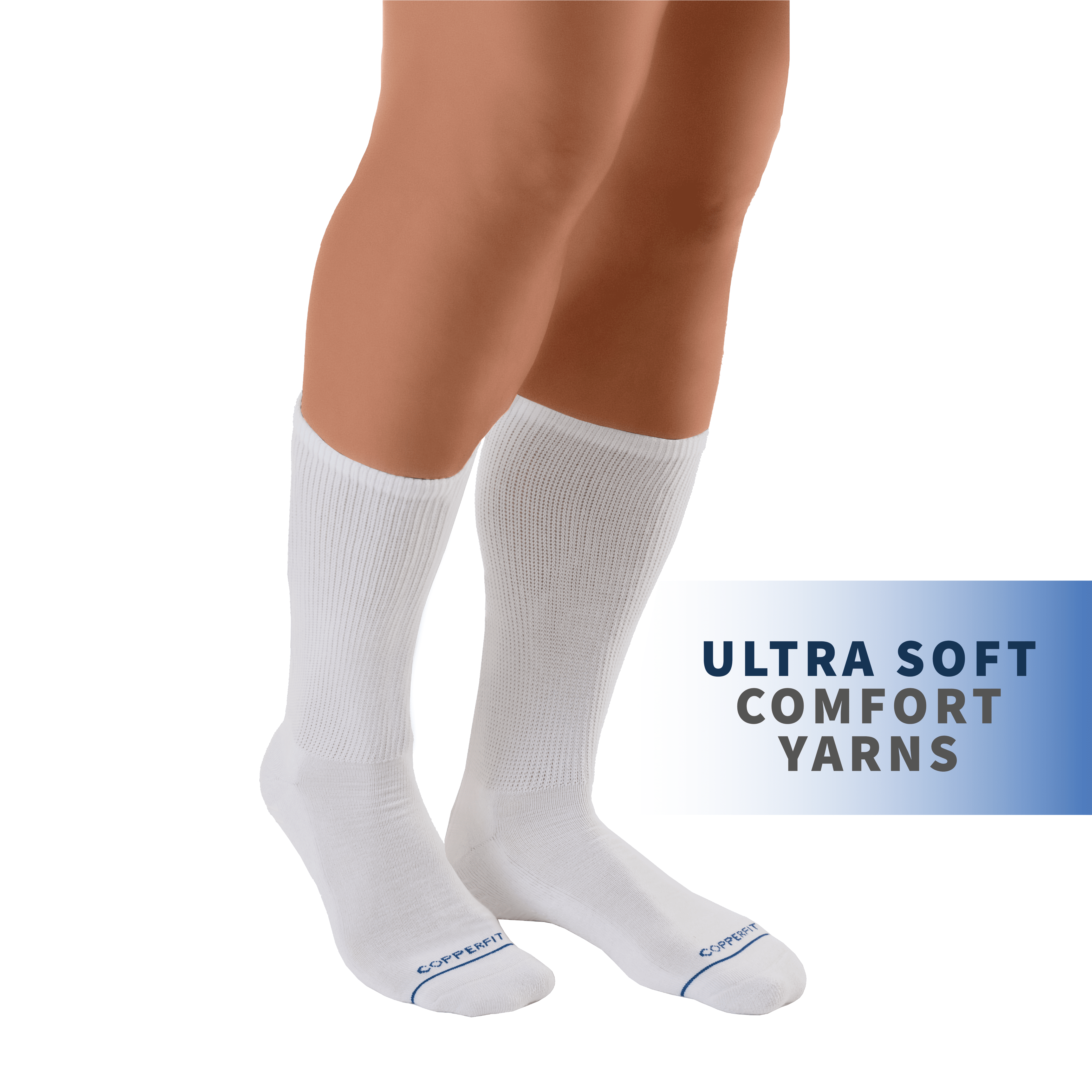 Copper Fit® Non-Binding Diabetes and Circulatory Crew Socks with Grippers, 2 Pair, White, S/M, Unisex