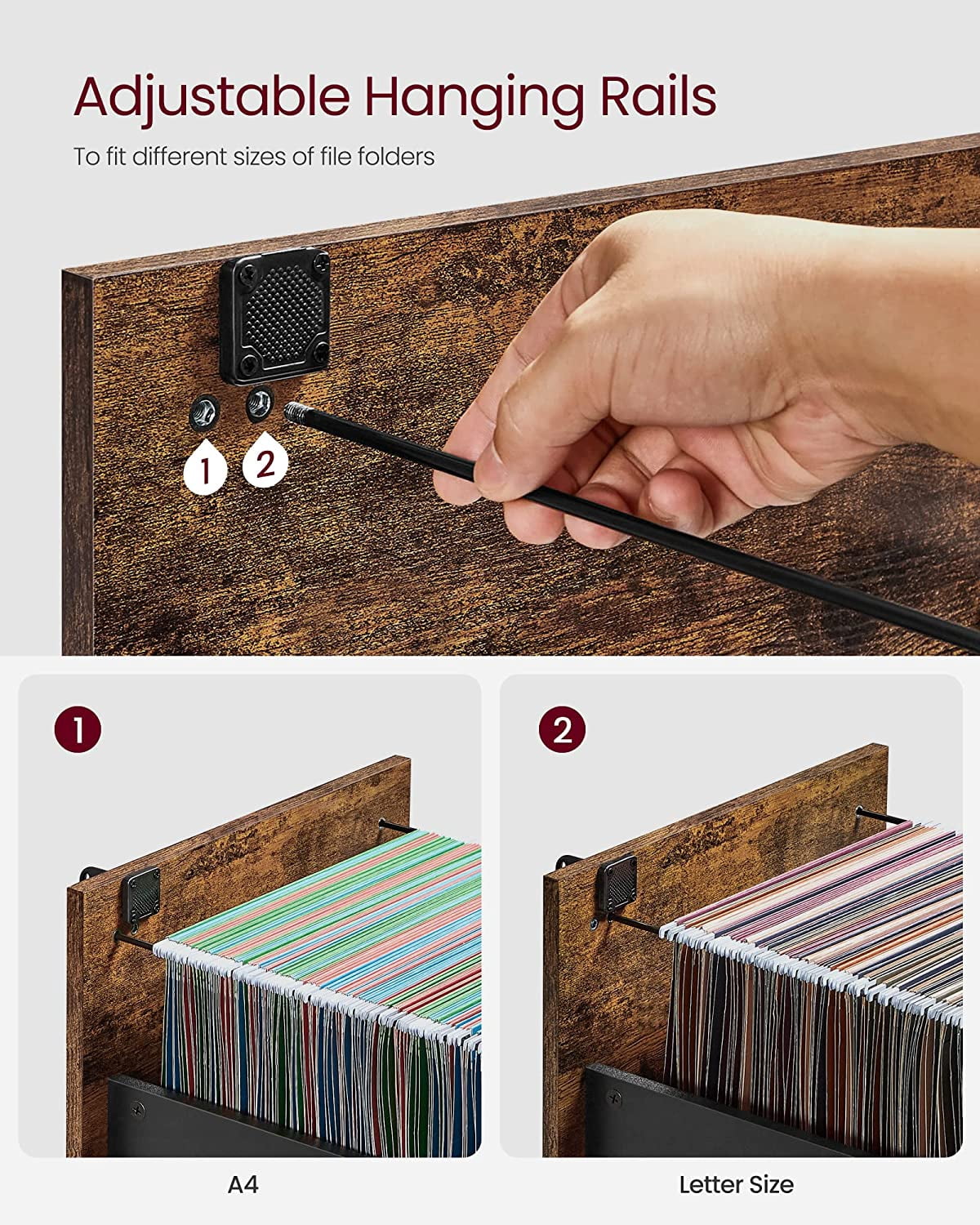 File Cabinet, Printer Stand with 3 Lockable Drawers, Adjustable Hanging Rails, Rustic Brown + Black