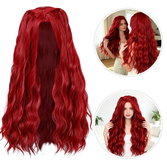 Red Wavy Cosplay Wig Long Hairpiece with Middle Part Scalp Top Wonderland Red Wig for Anime Role Play Halloween Party Costume Accessory