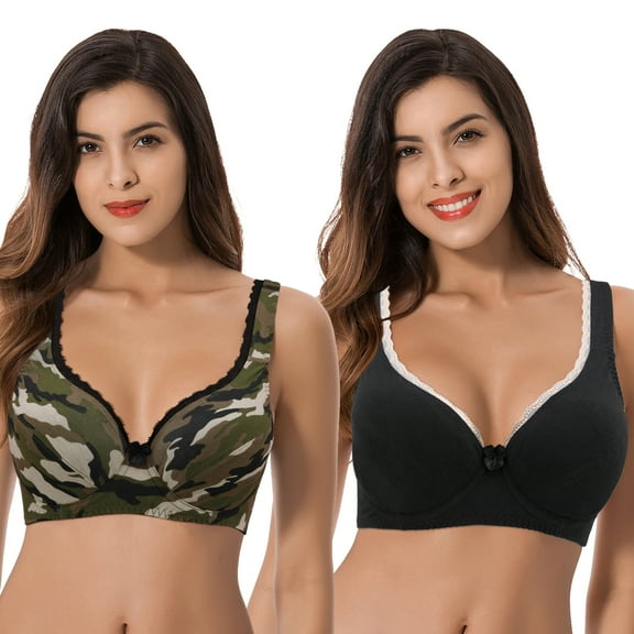 Curve Muse Women’s Unlined Plus Size Comfort Cotton Underwire Bra-OLIVE/MULTI,BLACK-34B