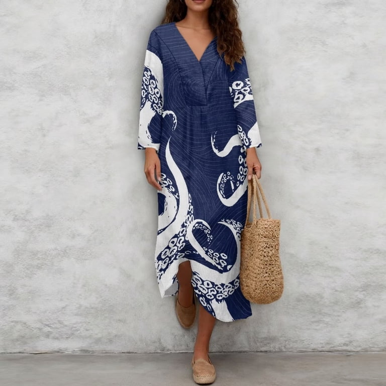 blue octopus dress Binienty Sleeveless Sundress with Blue Octopus Pattern, Asymmetrical Long  Dress with Side Pockets for Beach Trips and Casual Gatherings