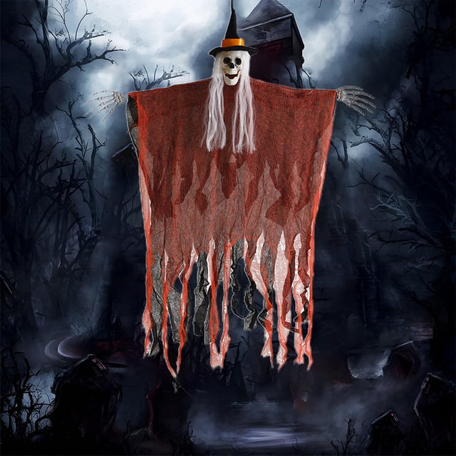 Hanging Halloween Skeleton Ghosts Decorations Skull Ghost Decoration With Long Hair Poseable Spooky Hanging Skeleton Prop For Halloween Party